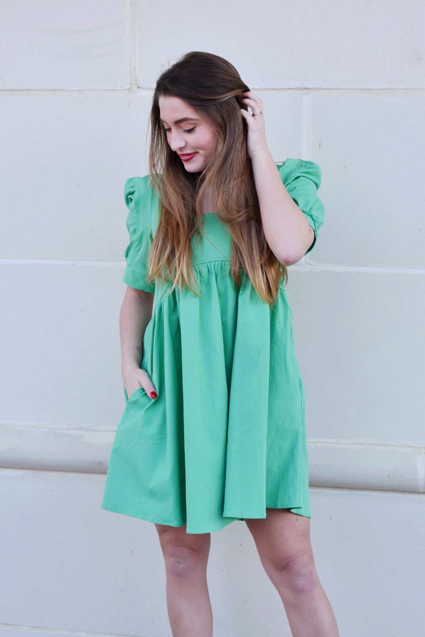 Brittany Kelly Green Square Neck Babydoll Dress