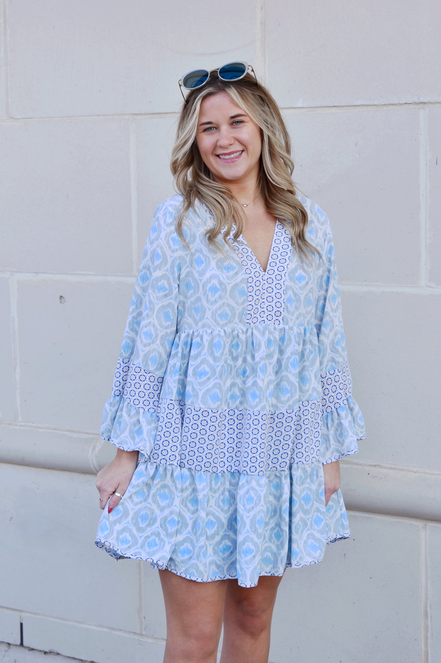 Load image into Gallery viewer, Ginny Blue Mixed Print Bell Sleeve Dress
