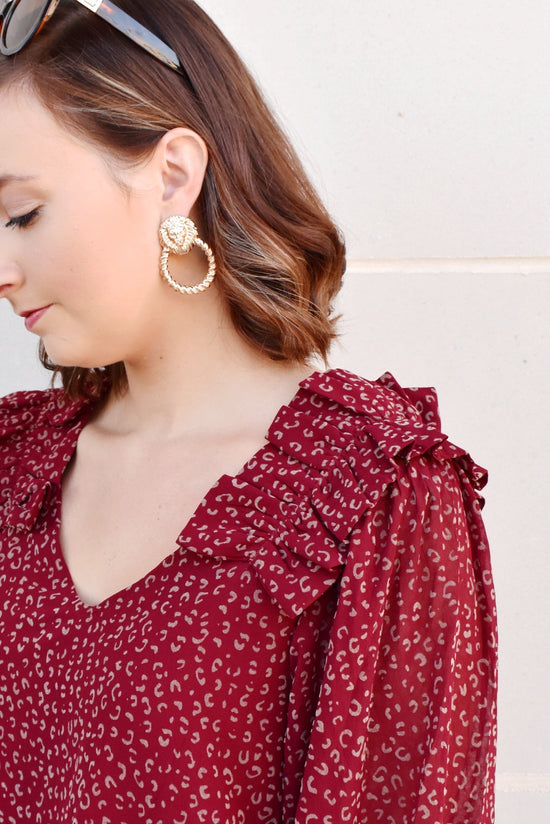 Load image into Gallery viewer, Burgundy Leopard Ruffle Shoulder Blouse
