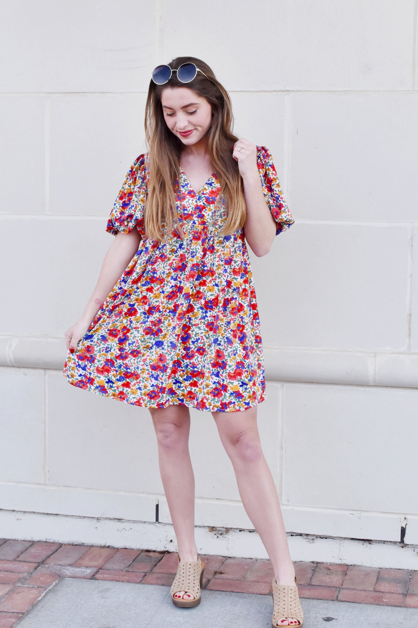 Multicolor Floral Bubble Sleeve Dress