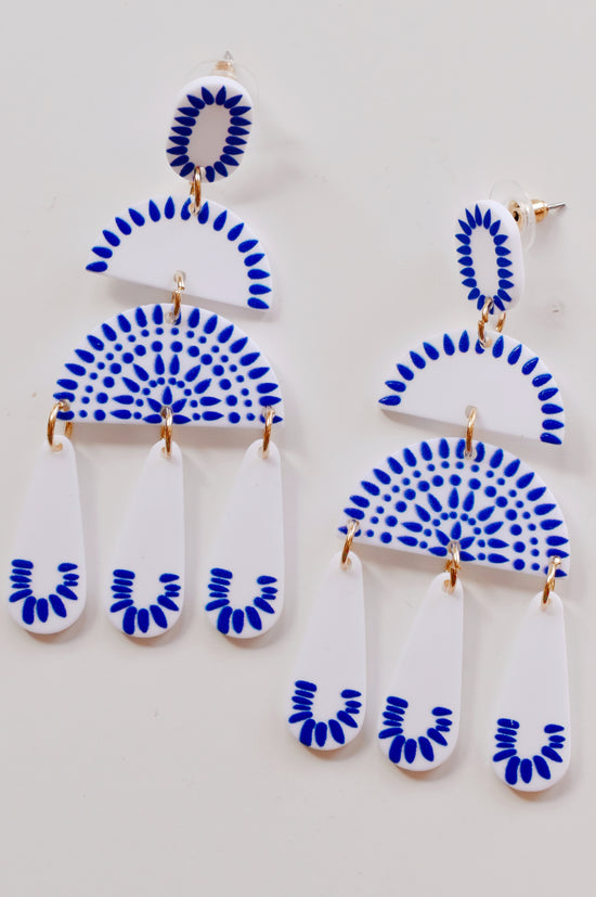 Blue & White Painted Fan Earrings