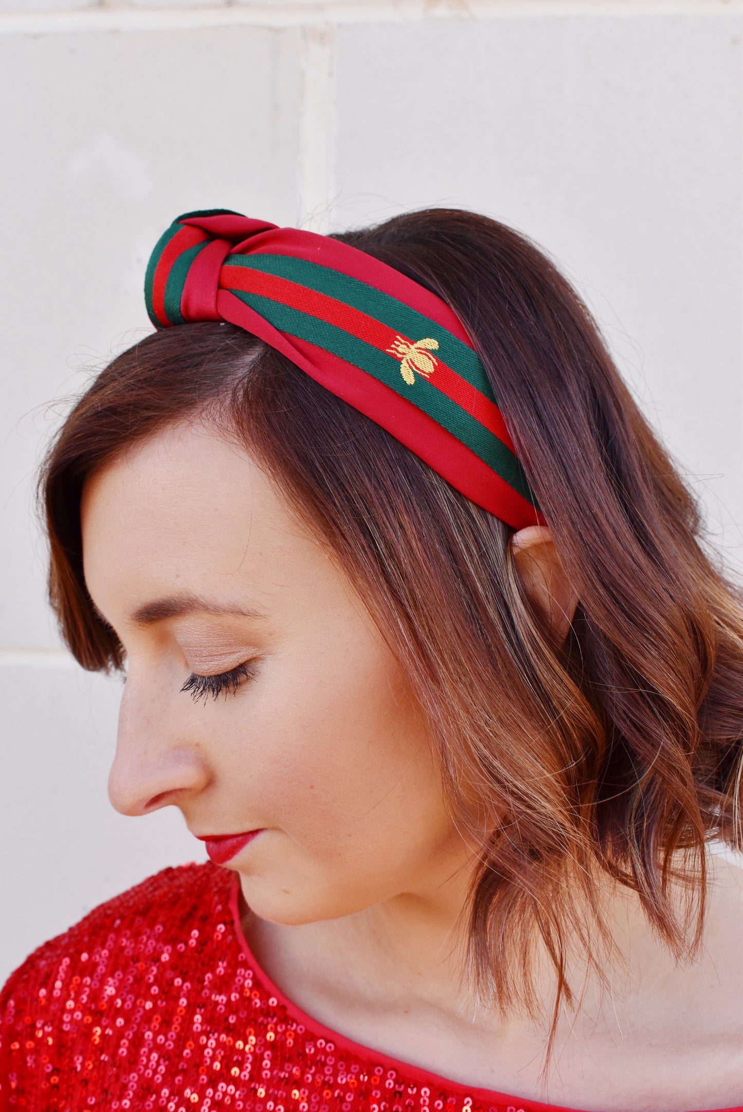 Red & Green Bee Striped Headband