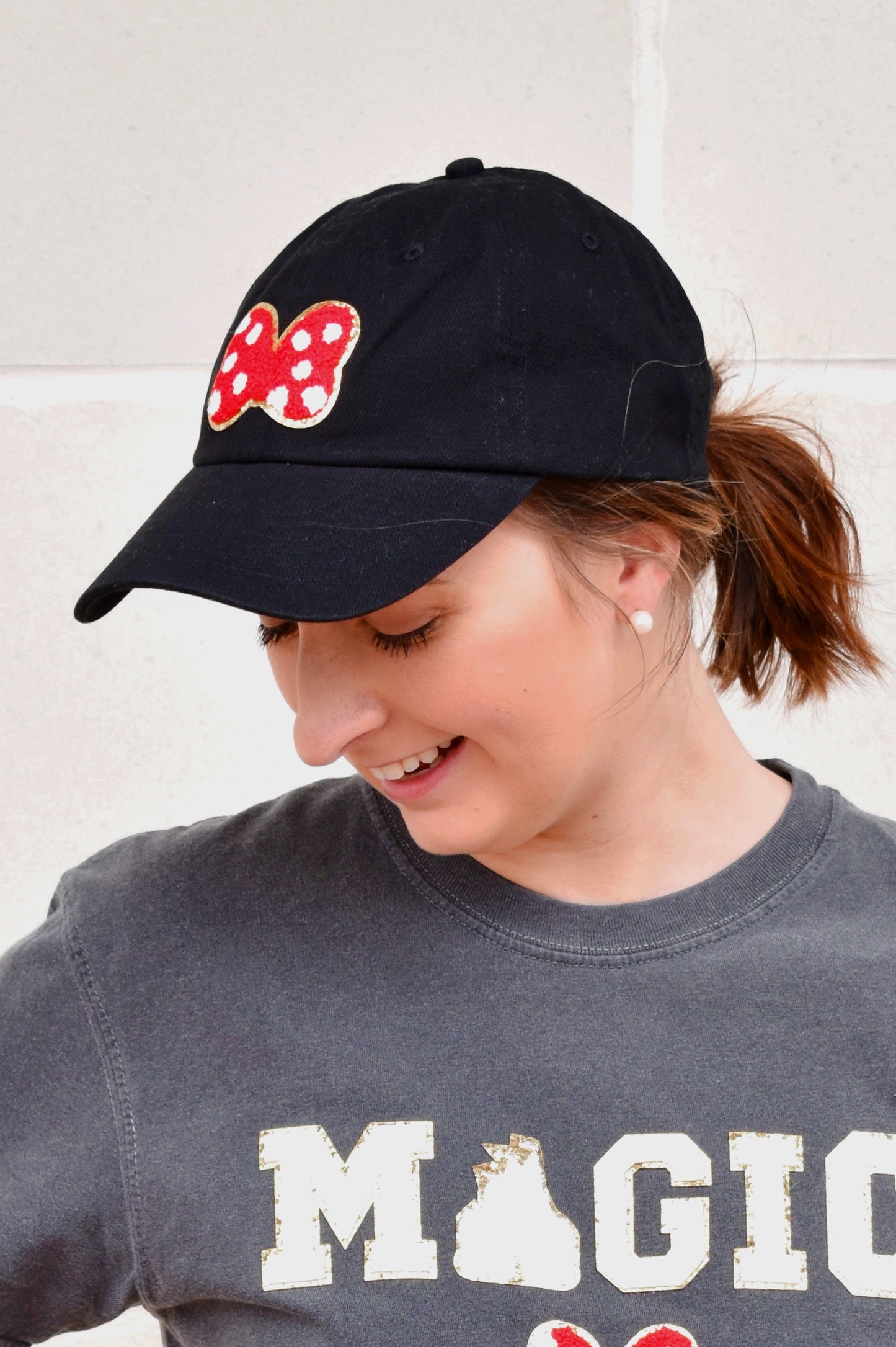 Black Minnie Mouse Bow Patch Hat