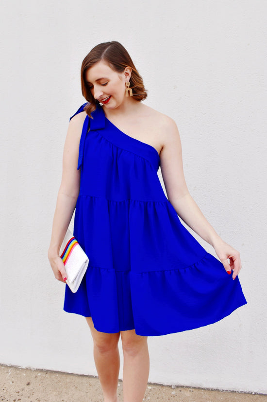 Load image into Gallery viewer, Royal Blue One Shoulder Dress
