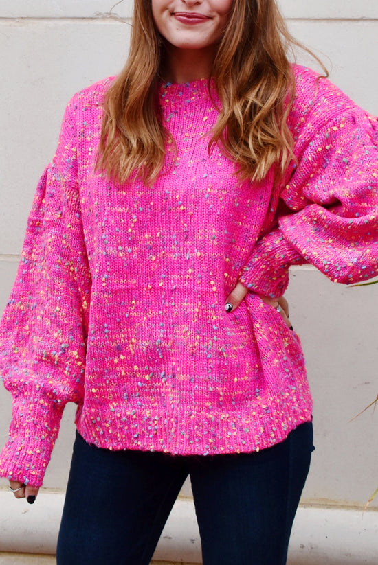 Load image into Gallery viewer, Pink Balloon Sleeve Confetti Knit Sweater
