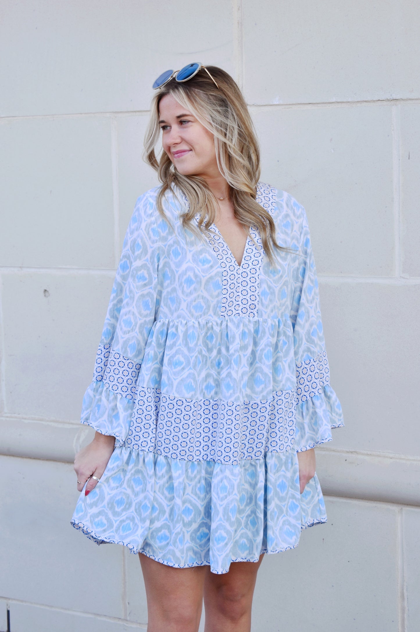 Load image into Gallery viewer, Ginny Blue Mixed Print Bell Sleeve Dress

