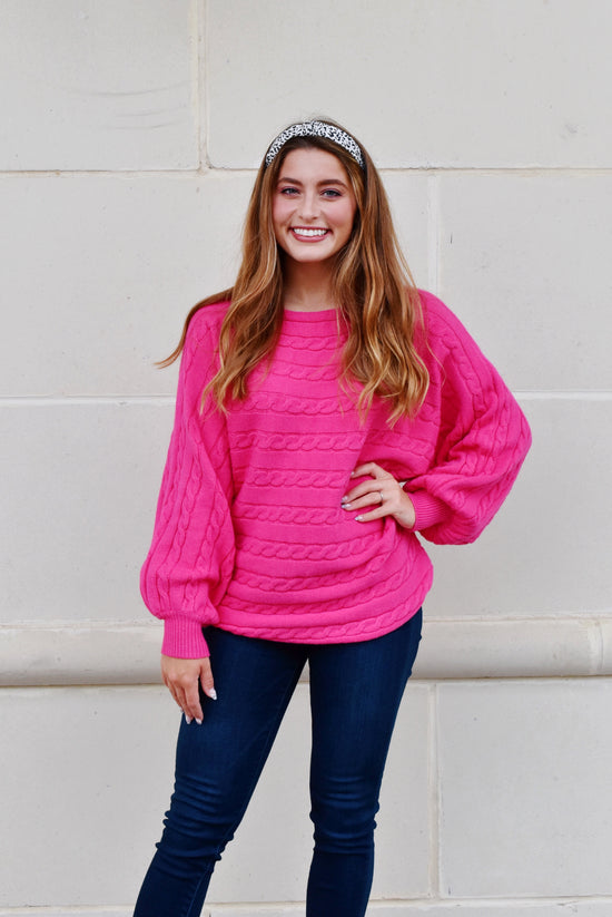 Load image into Gallery viewer, Hot Pink Cable Knit Detail Dolman Sweater
