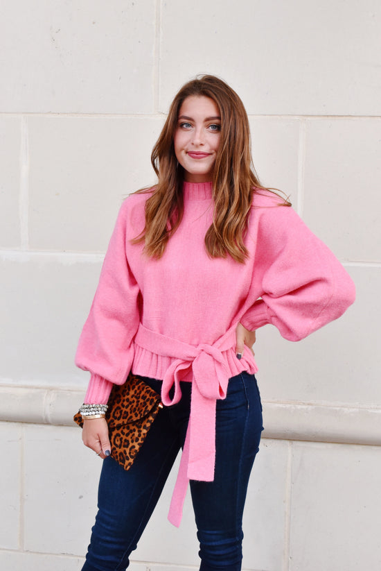 Pink Balloon Sleeve Sweater With Tie