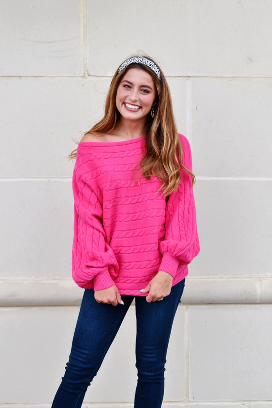 Hot Pink Cable Knit Detail Dolman Sweater