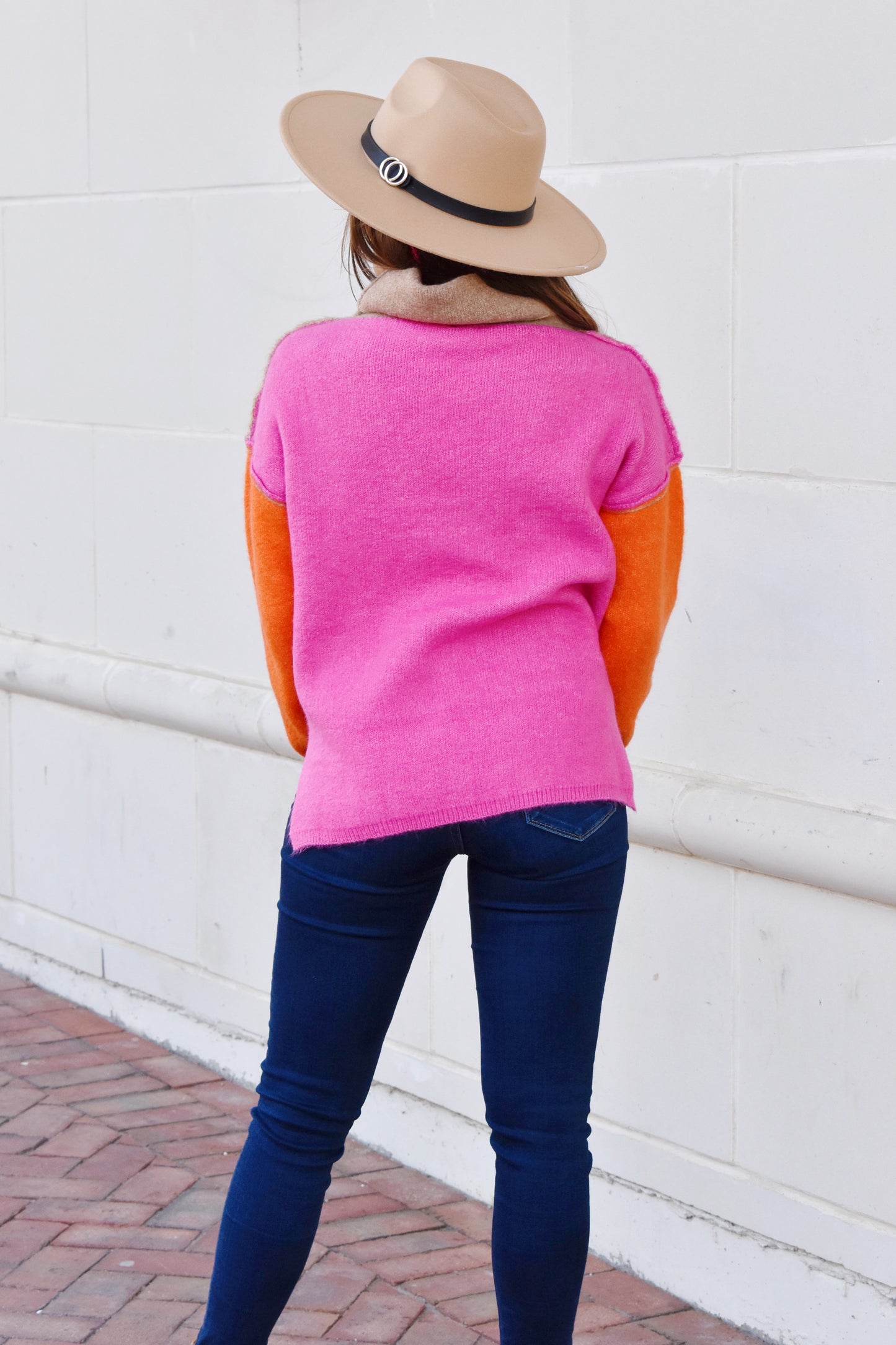 Load image into Gallery viewer, Pink &amp;amp; Orange Colorblock Turtleneck Sweater
