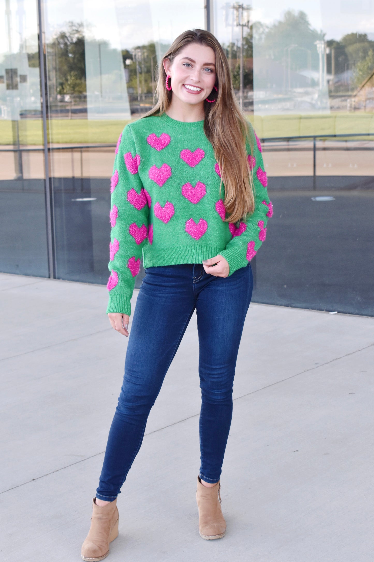 Load image into Gallery viewer, Heart On My Sleeve Kelly Green &amp;amp; Pink Sweater
