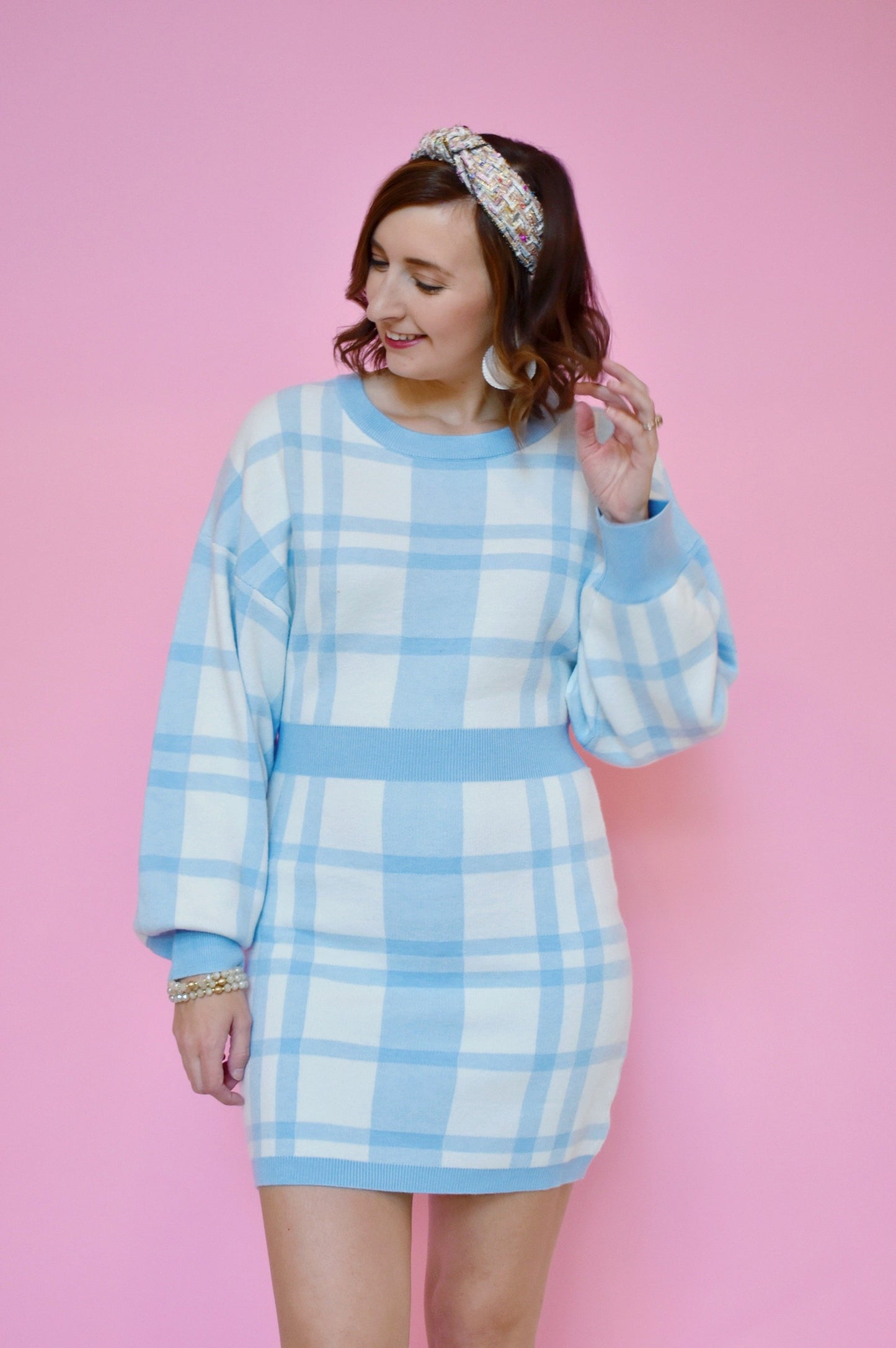 Load image into Gallery viewer, Blue Plaid Sweater Dress
