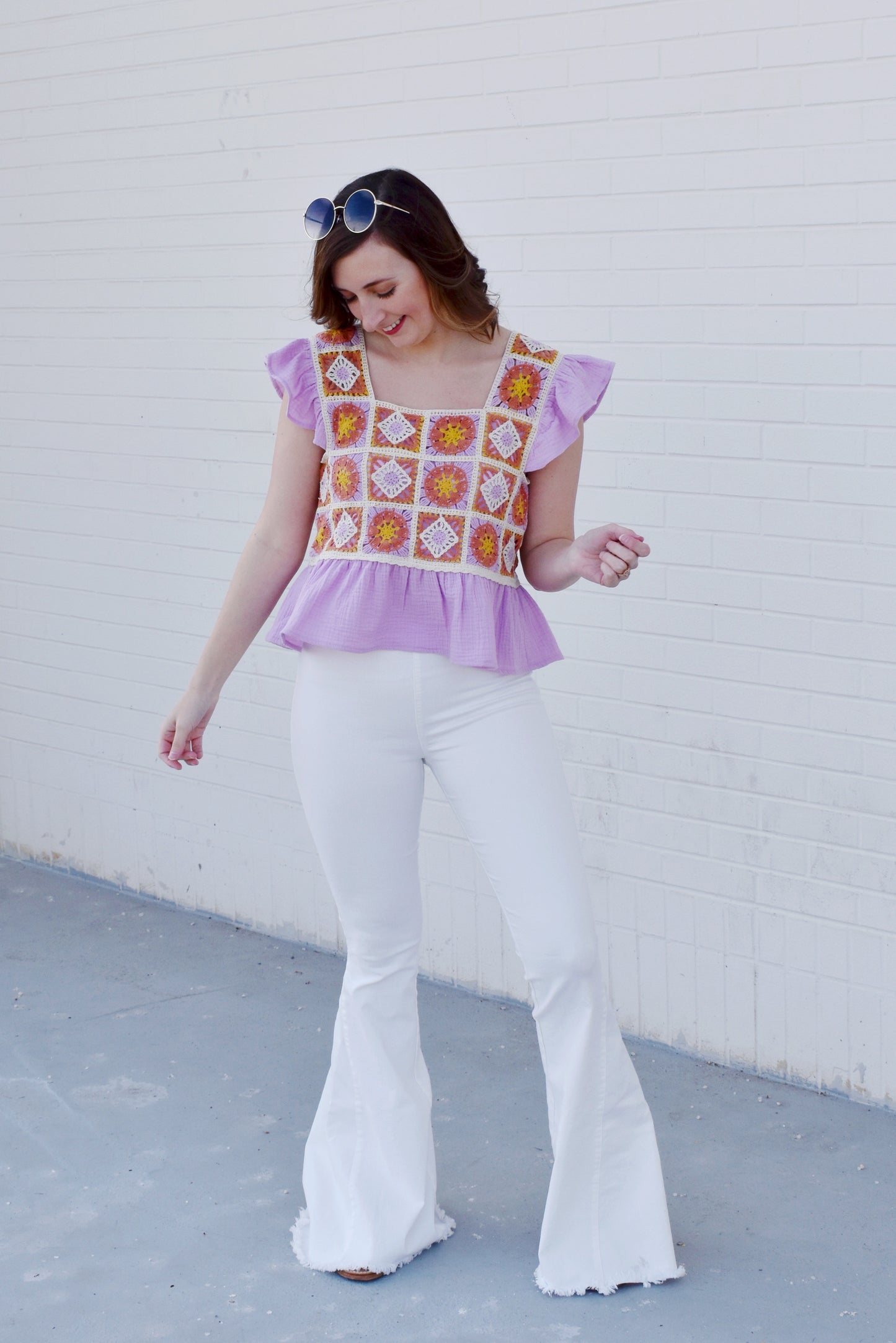 Load image into Gallery viewer, Lilac Crochet Peplum Top

