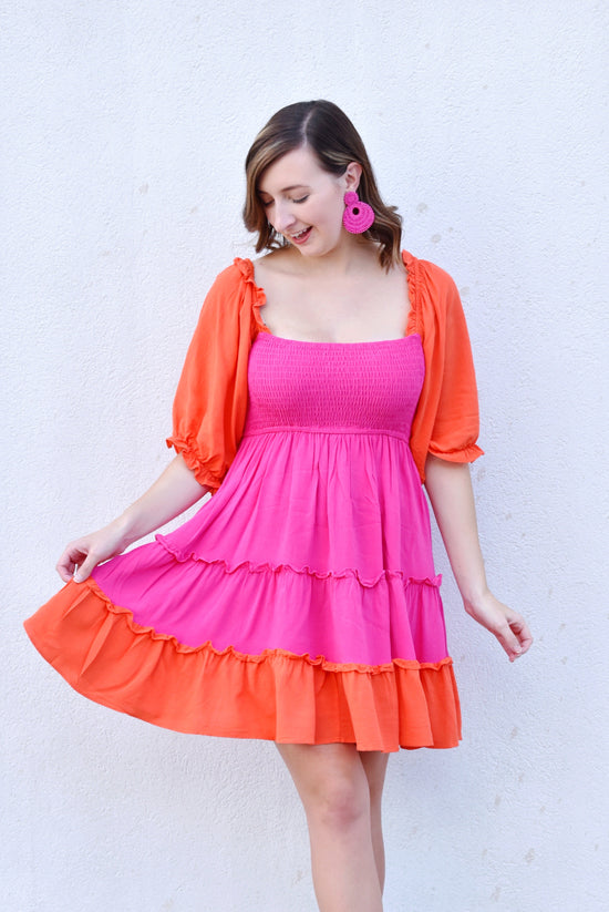 Load image into Gallery viewer, Pink &amp;amp; Orange Colorblock Tiered Dress
