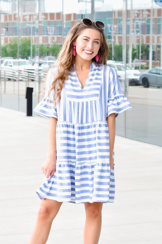 Load image into Gallery viewer, Navy Stripe Bell Sleeve Dress
