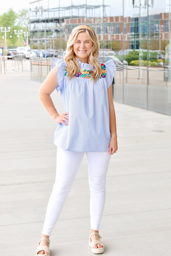 Blue Striped Embroidered Ruffle Blouse