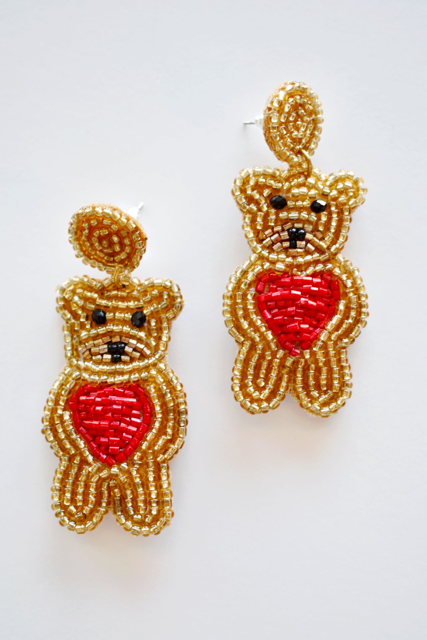 Gold & Red Teddy Bear Heart Earrings