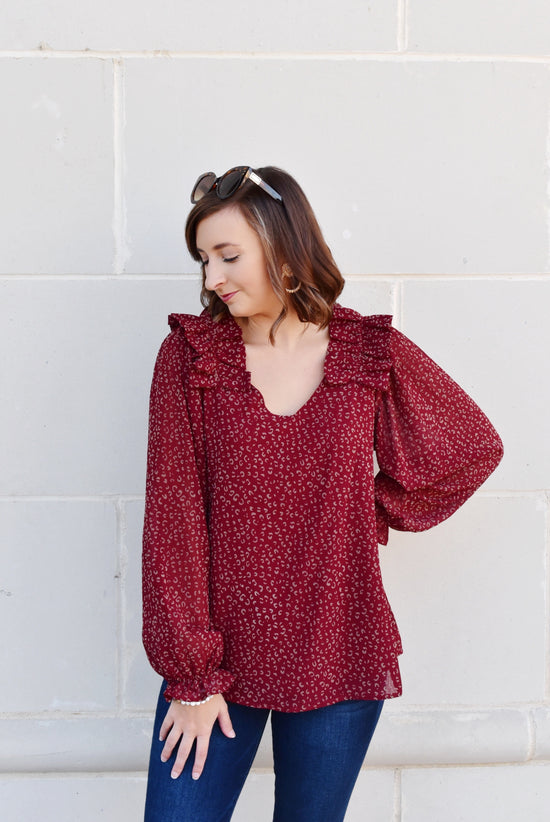 Load image into Gallery viewer, Burgundy Leopard Ruffle Shoulder Blouse
