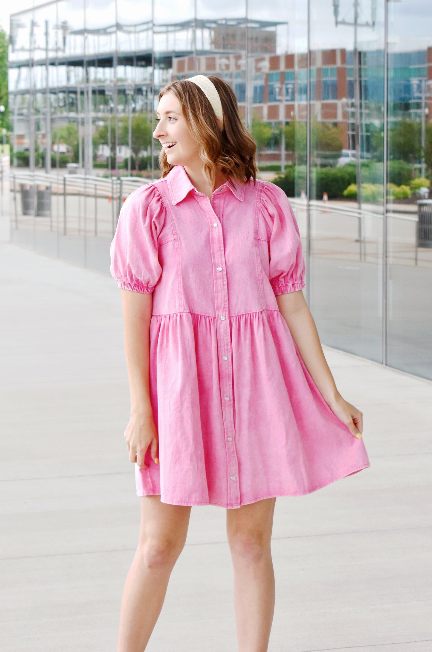 Pink Denim Collared Bubble Sleeve Dress
