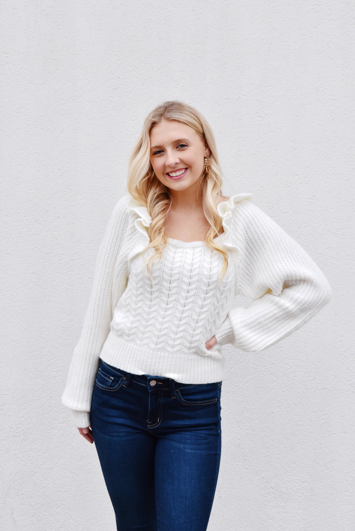 Ivory Ruffle Shoulder Cable Knit Sweater