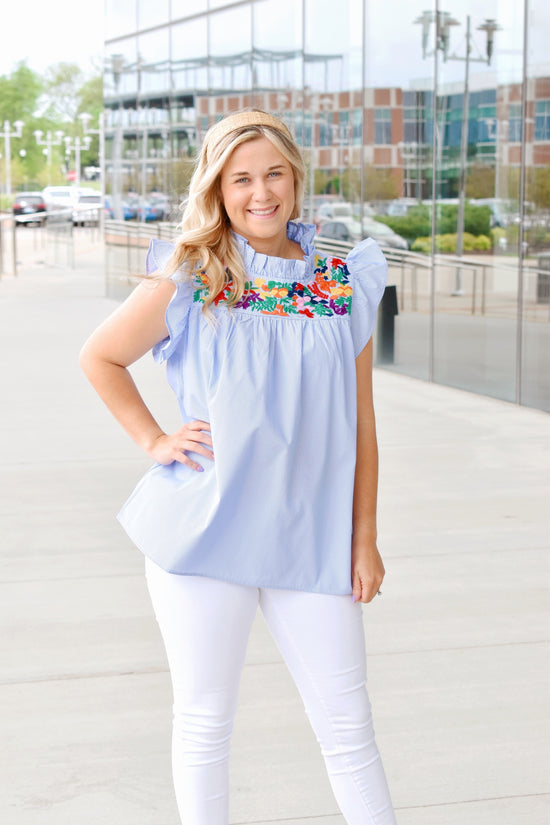 Blue Striped Embroidered Ruffle Blouse
