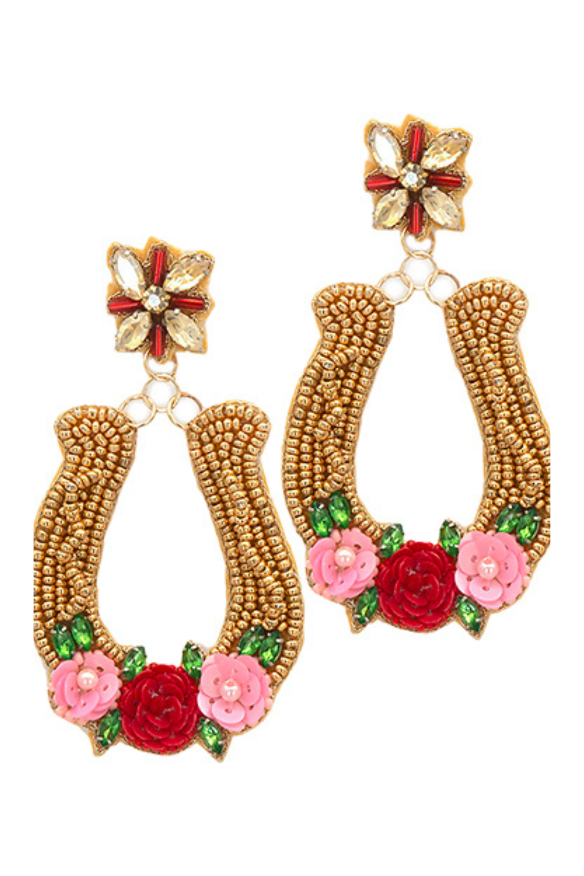 Gold Beaded Horseshoe and Flower Earrings