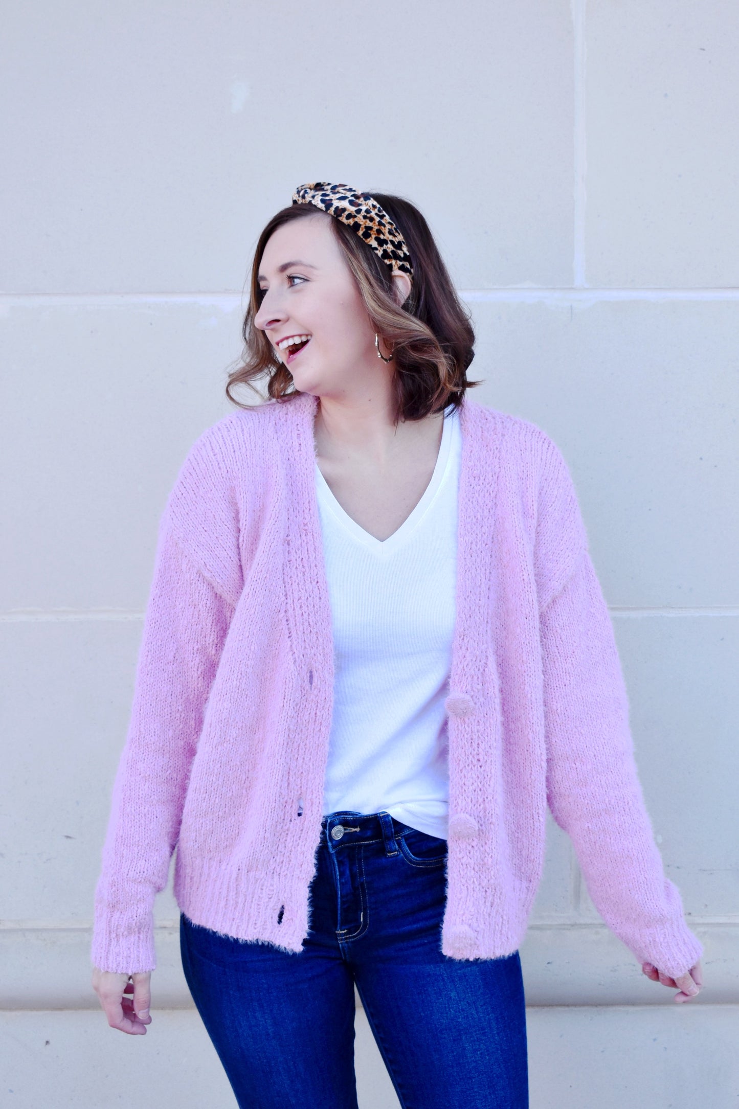 Pink Fuzzy Large Button Cardigan