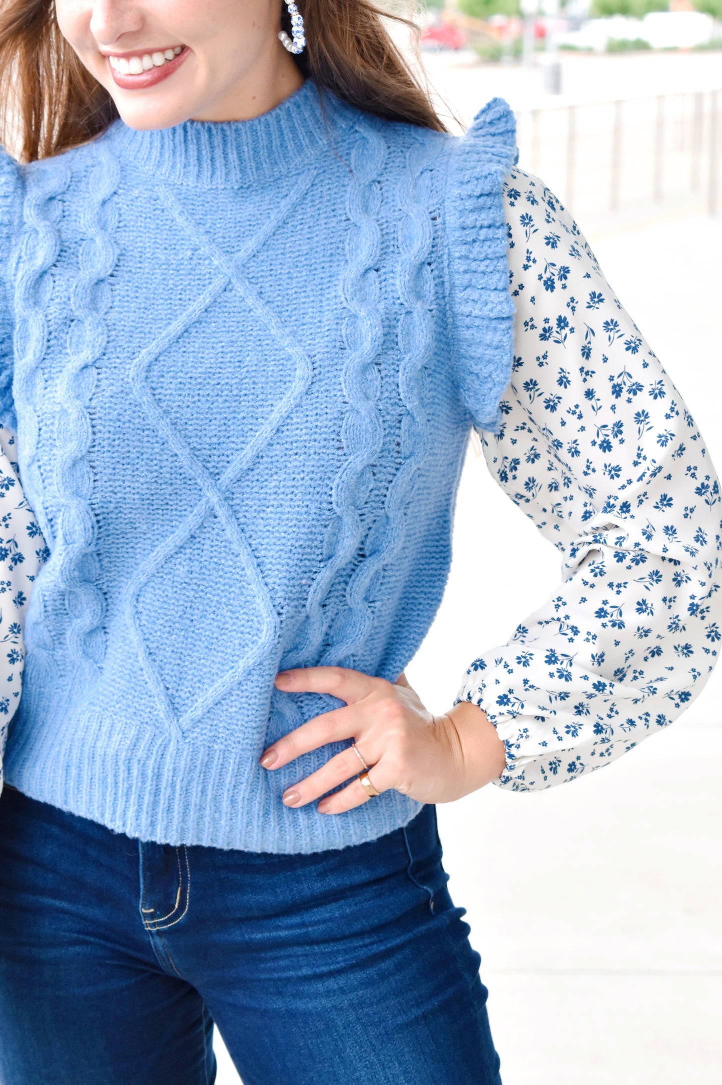 Load image into Gallery viewer, Denim Blue Feminine Sweater With Floral Sleeves
