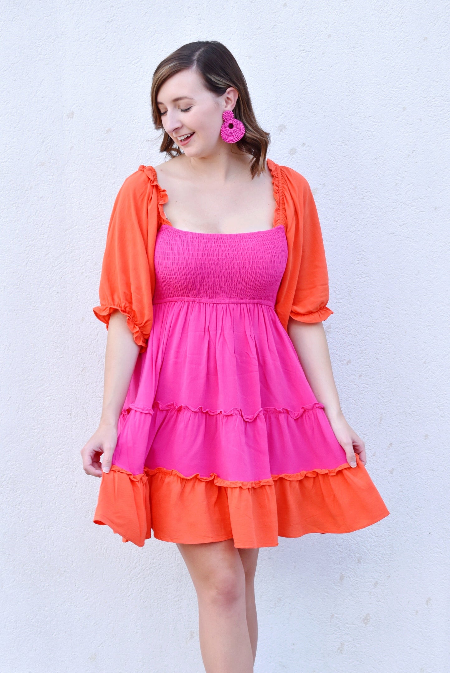 pink and orange tiered dress SHEIN BAE Pink And Orange Gradient Print Spaghetti Strap Backless Bodycon Dress,Elegant Vacation Summer Beach Long Dress, Birthday Party Dresses For Women