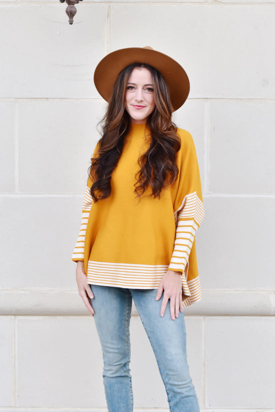Load image into Gallery viewer, Mustard Side Slit Striped Poncho
