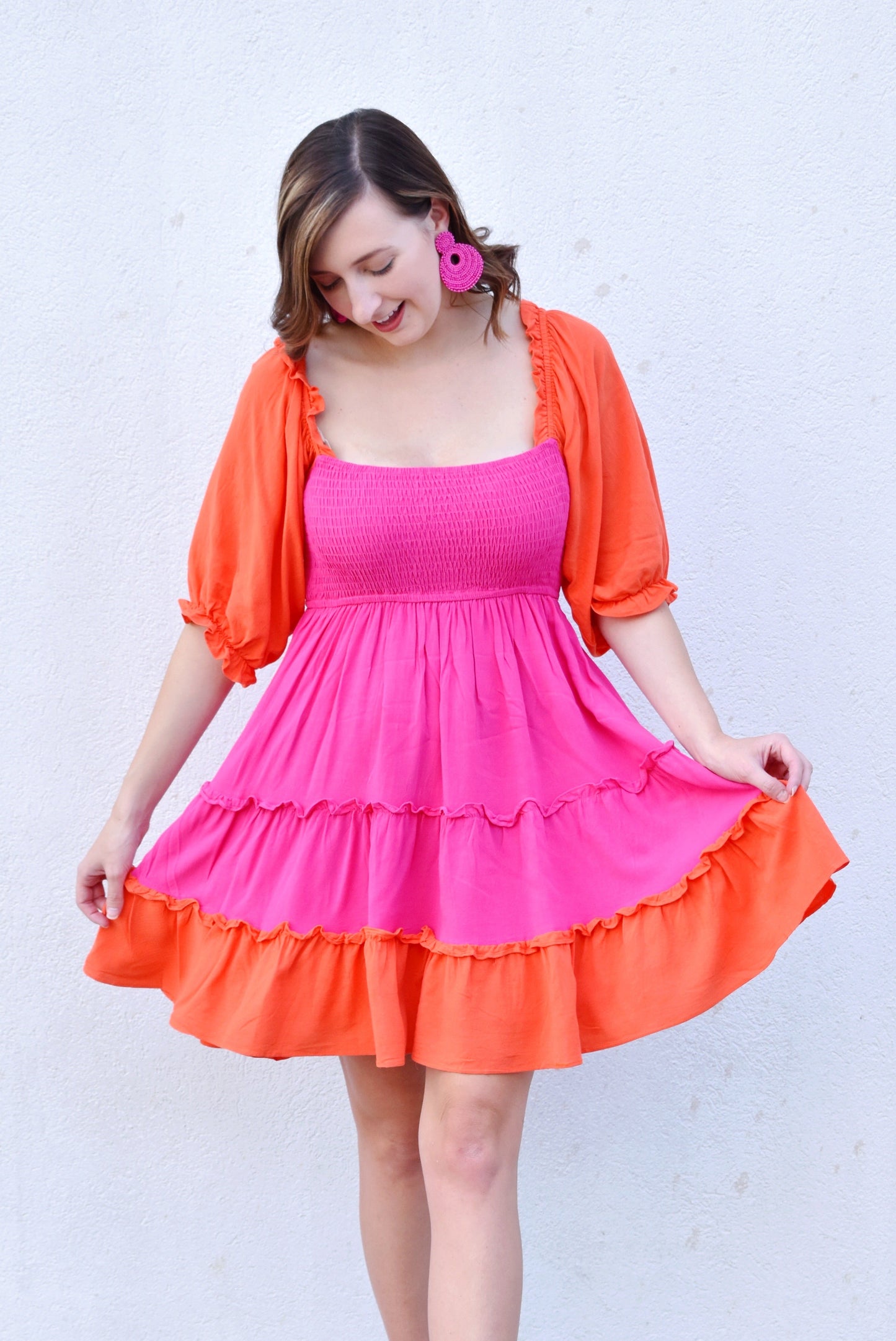 Pink & Orange Colorblock Tiered Dress