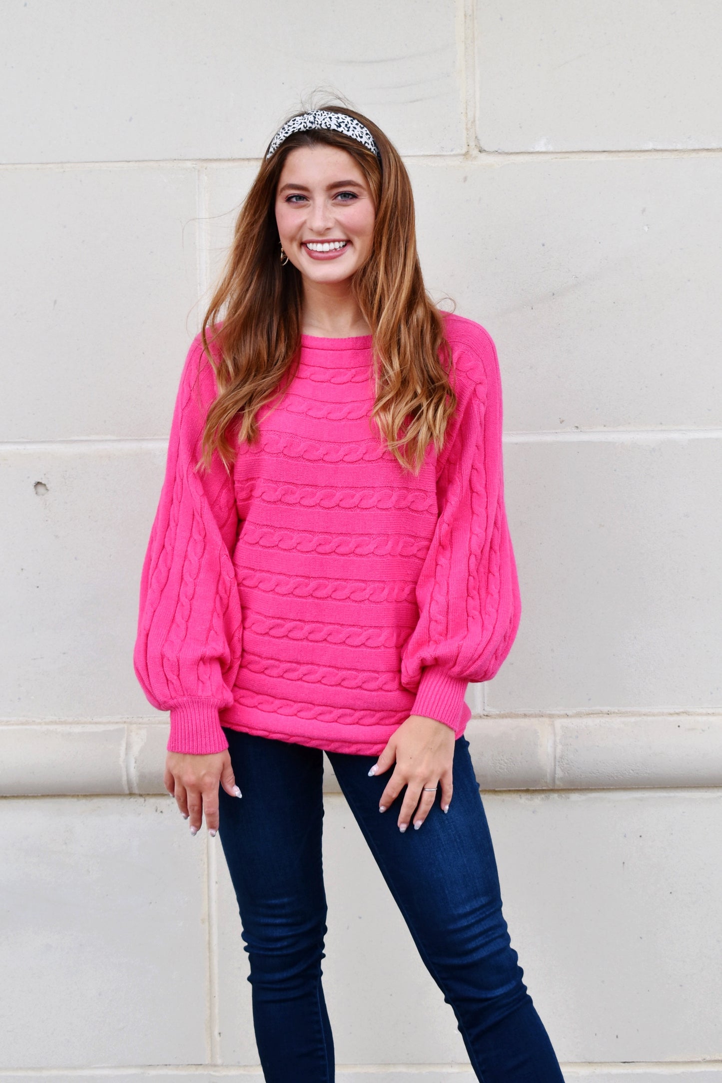 Hot Pink Cable Knit Detail Dolman Sweater