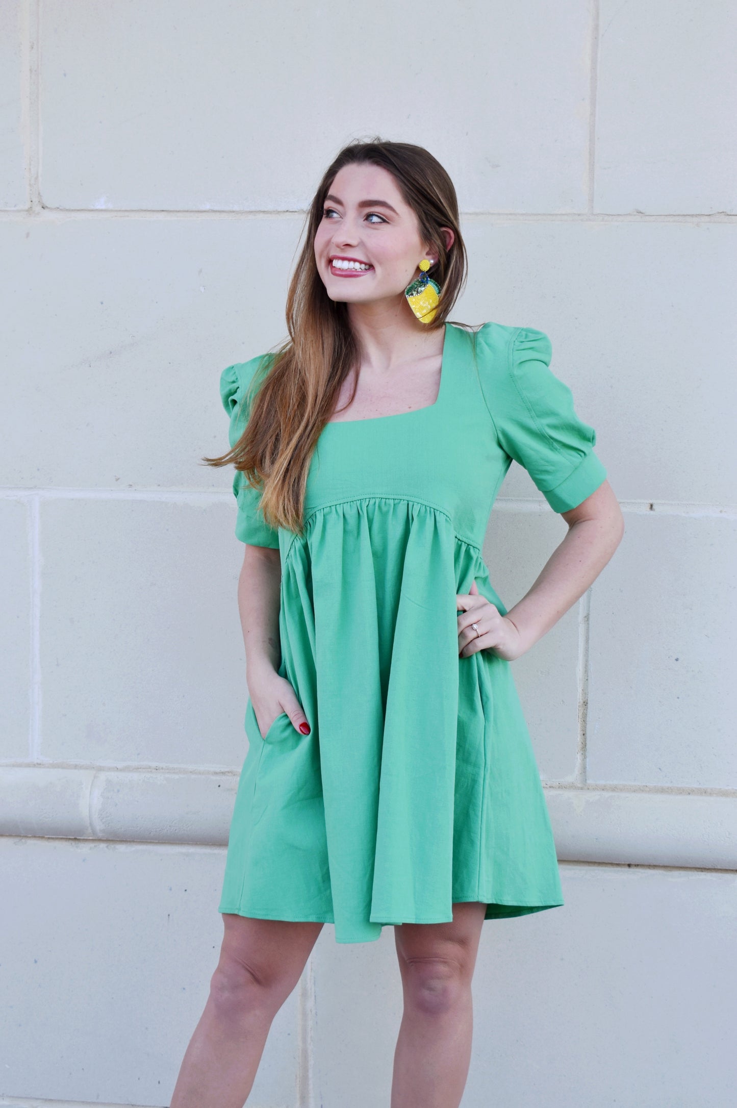 kelly green puff sleeve dress Kelly Green Half-Zip Puff Sleeve Mini Dress