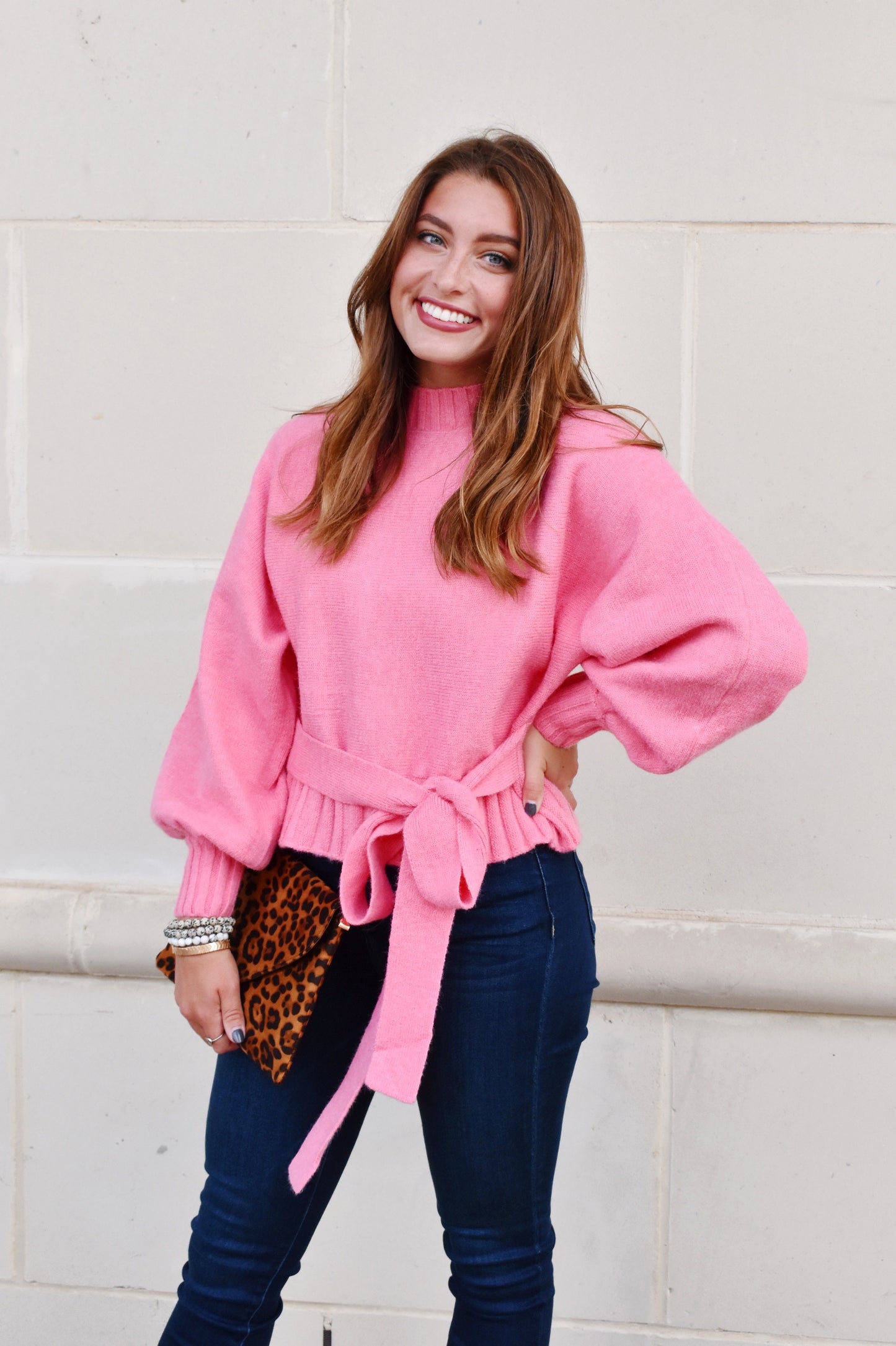 Pink Balloon Sleeve Sweater With Tie
