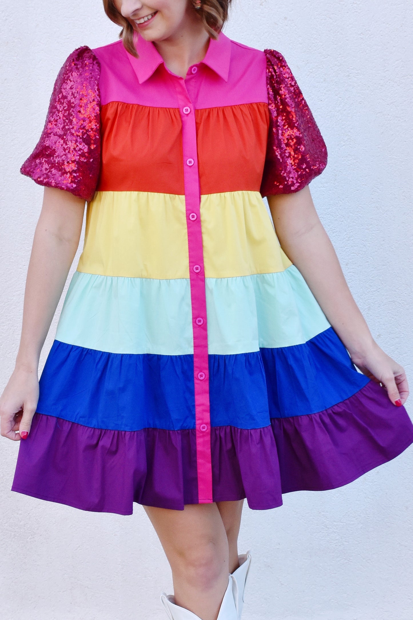 Rainbow Queen Sequin Sleeve Tiered Dress