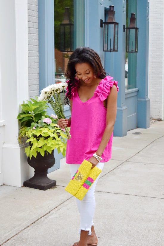 Hot Pink Ruffle Shoulder Tank