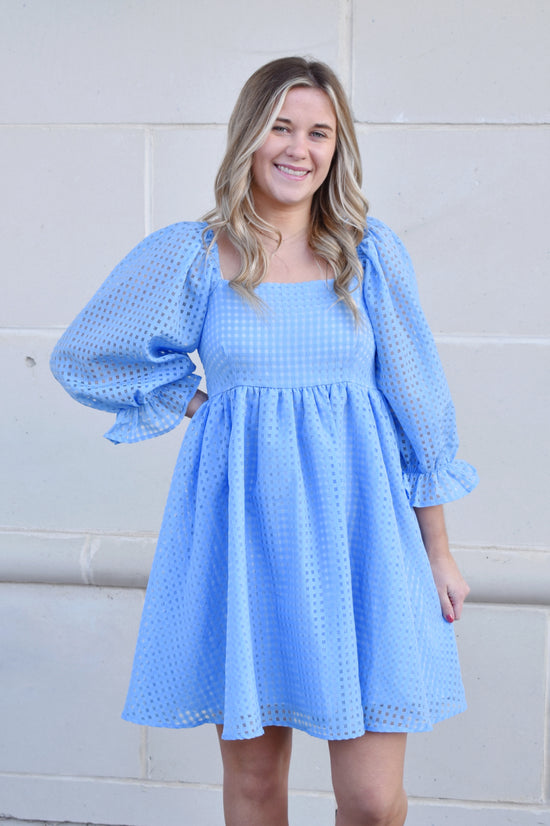 Load image into Gallery viewer, Brooke Blue Grid Print Babydoll Dress
