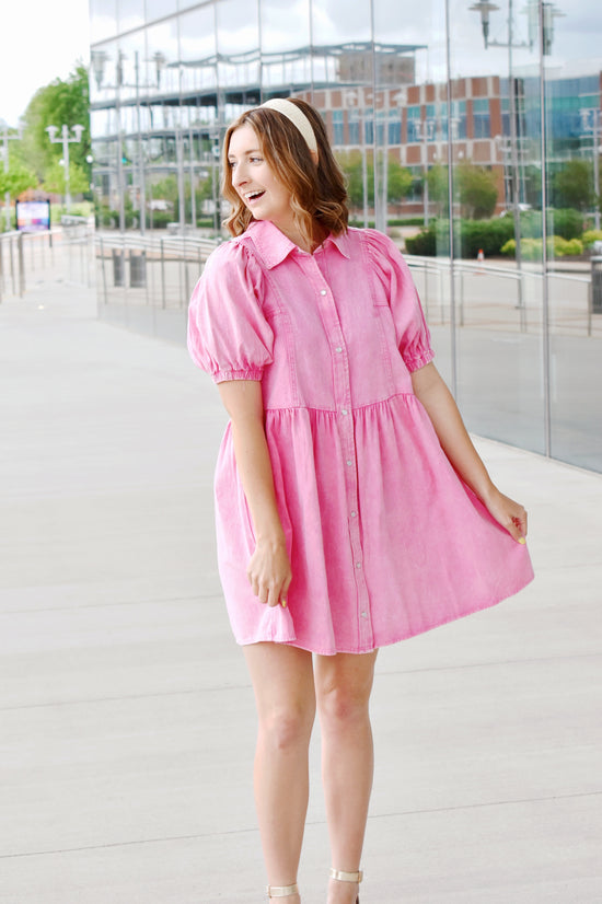 Pink Denim Collared Bubble Sleeve Dress