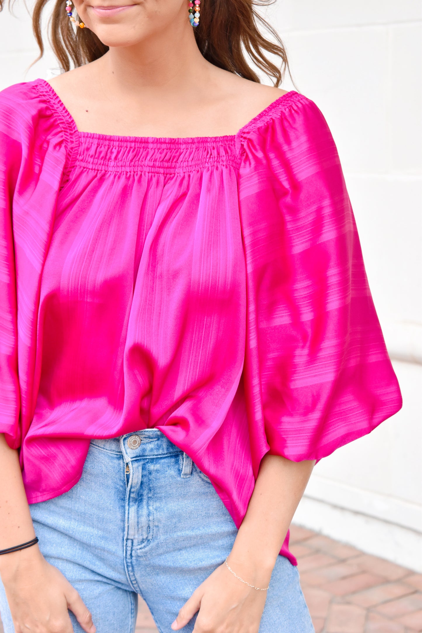 Load image into Gallery viewer, Magenta Satin Striped Puff Sleeve Blouse
