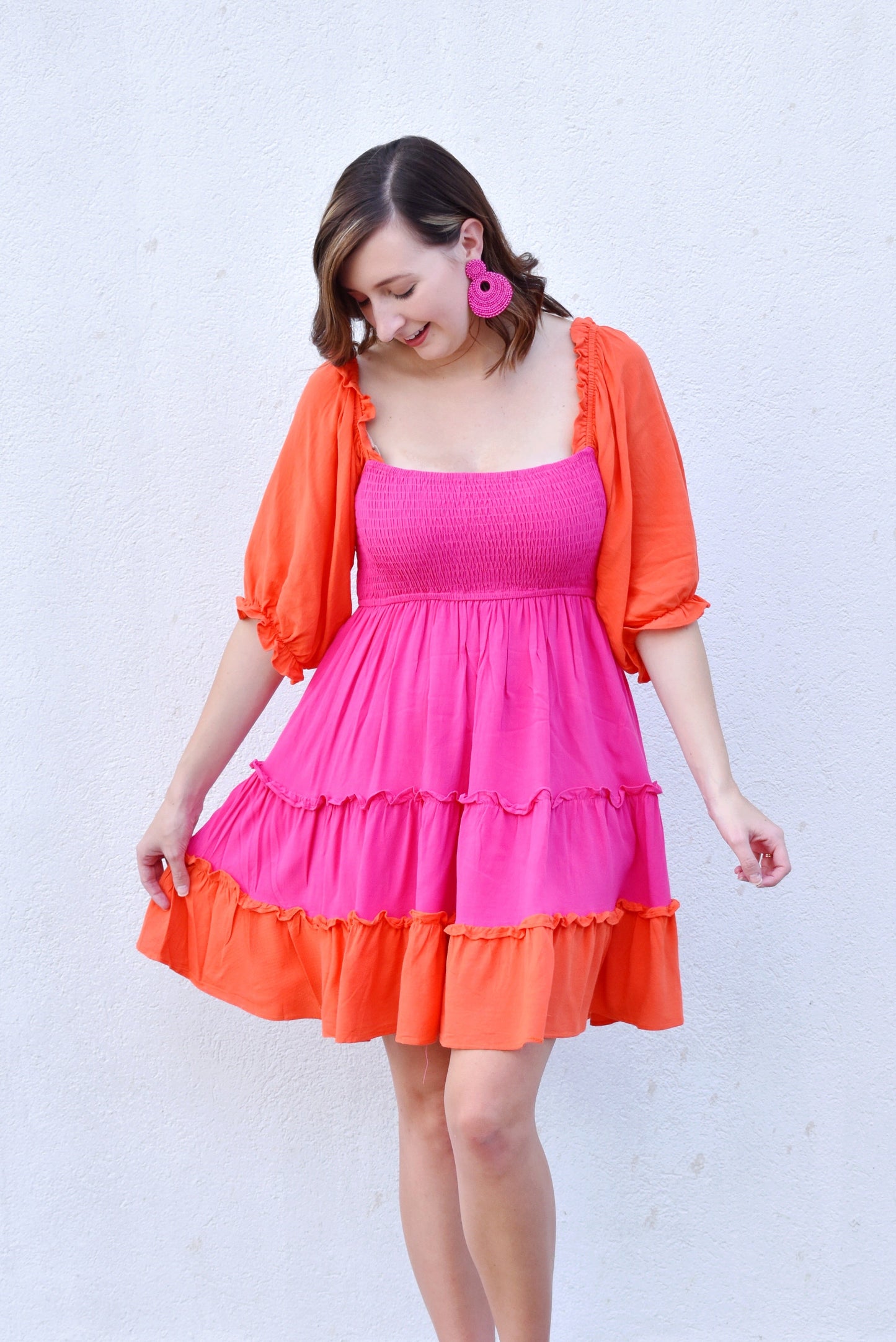 Pink & Orange Colorblock Tiered Dress