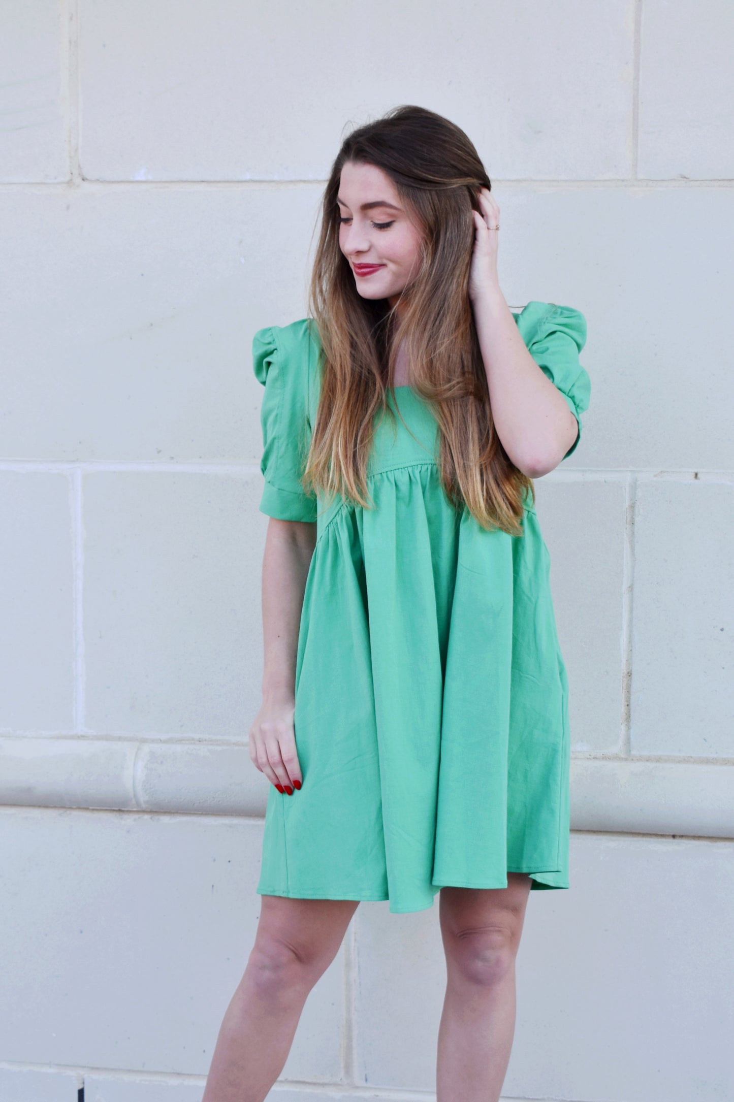 Brittany Kelly Green Square Neck Babydoll Dress