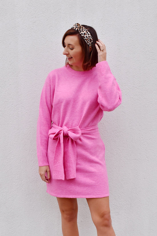 Load image into Gallery viewer, Pink Bow Front Sweater Dress
