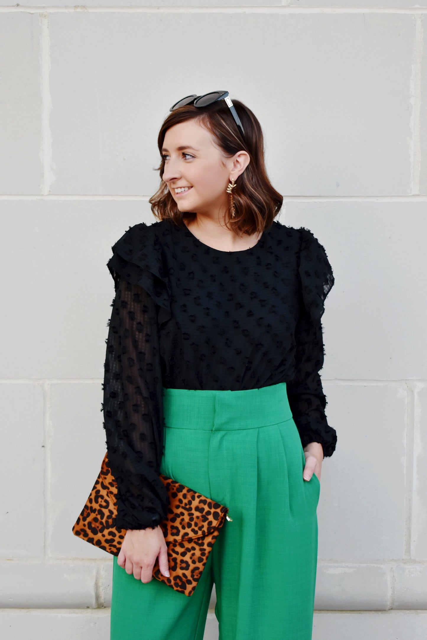 Black Ruffle Shoulder Dotted Blouse