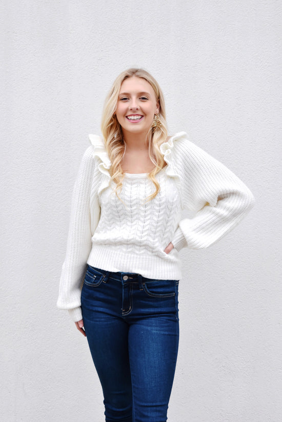 Load image into Gallery viewer, Ivory Ruffle Shoulder Cable Knit Sweater
