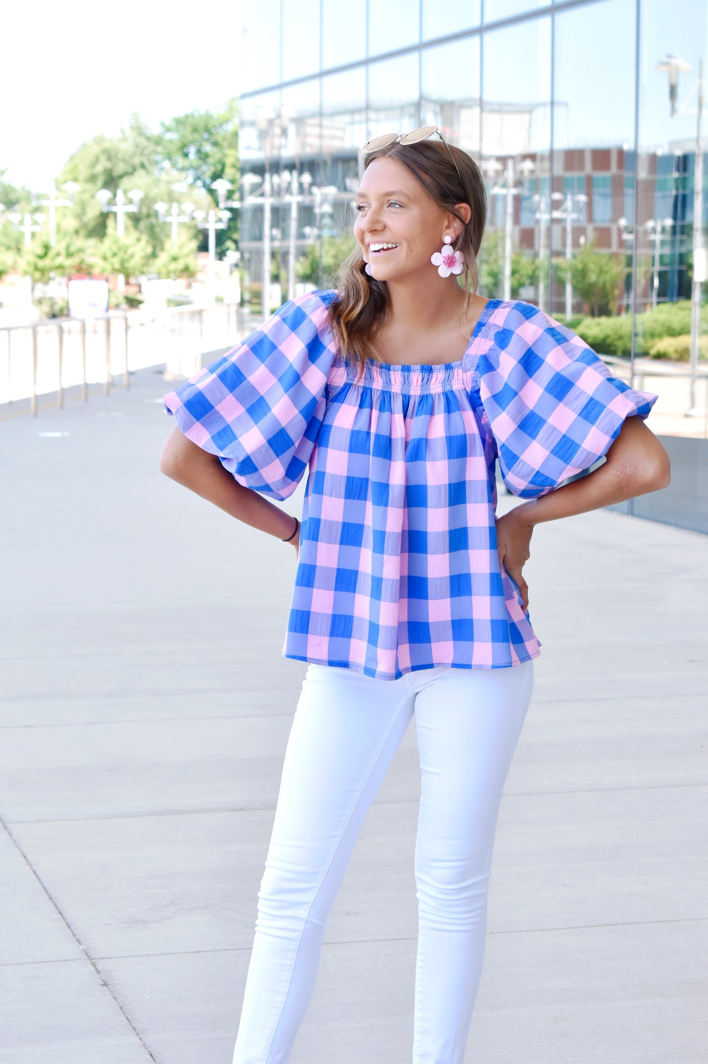 Cotton Candy Gingham Bubble Sleeve Top