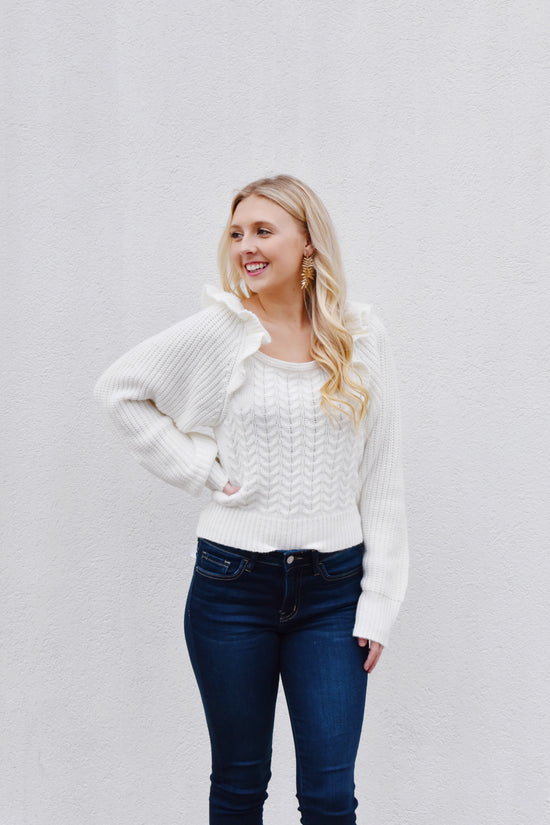 Load image into Gallery viewer, Ivory Ruffle Shoulder Cable Knit Sweater
