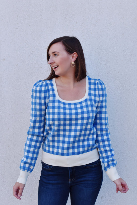 Reese Blue Gingham Square Neck Sweater
