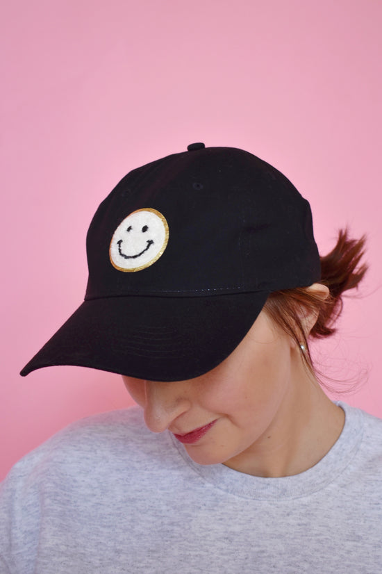 Load image into Gallery viewer, Black Smiley Patch Hat
