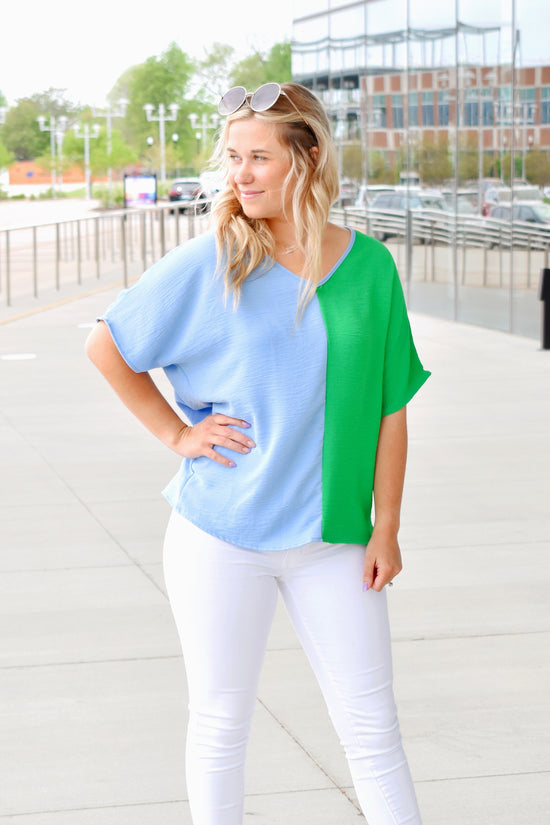 Kelly Green & Blue Colorblock Top