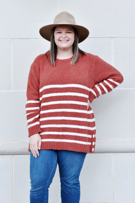 Load image into Gallery viewer, Plus Striped Button Side Sweater
